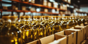 glass bottled lined up in factory